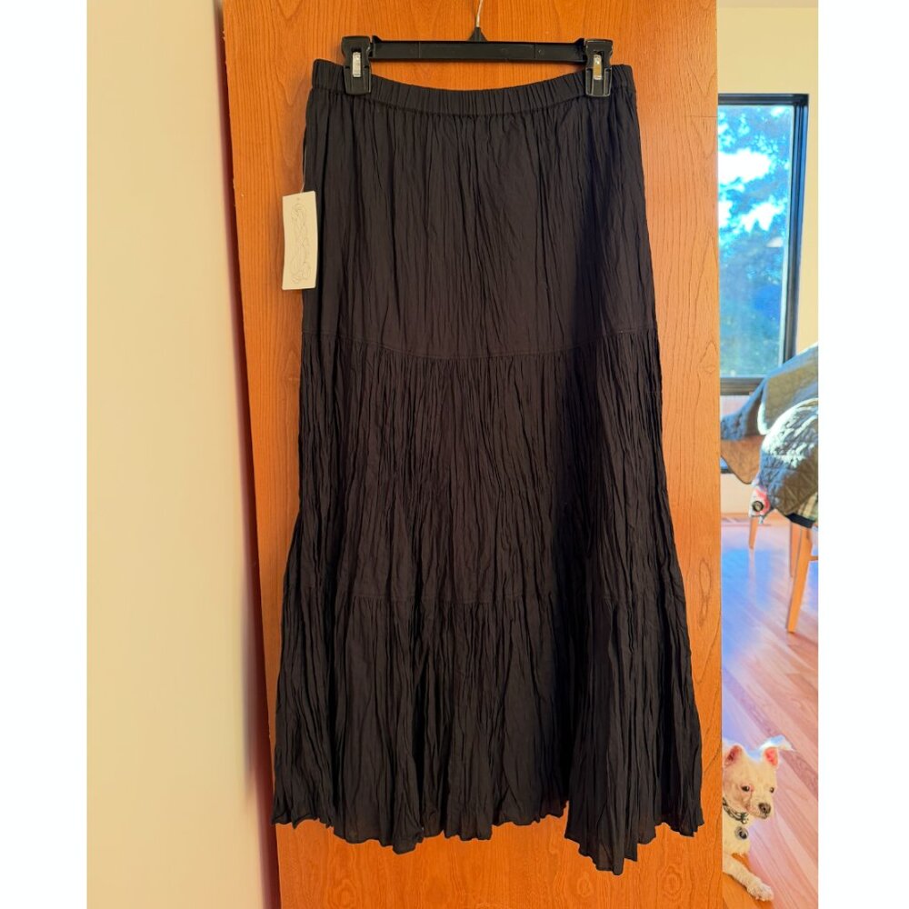 Black Cotton Tiered Lined Crinkle Maxi Skirt NWT elastic-waist boho festival - Picture 2 of 11